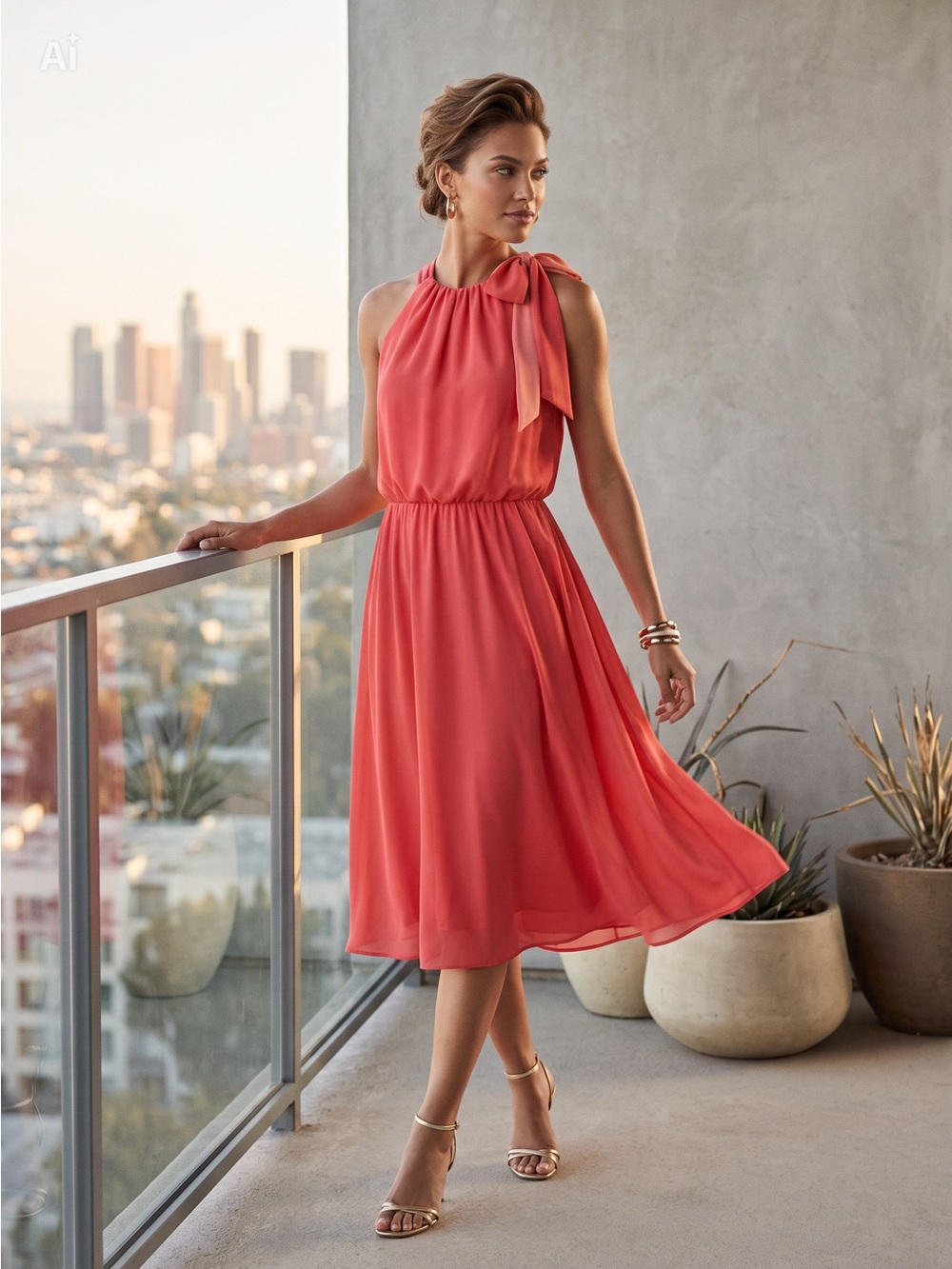 White House Black Market Coral Bow-Neck Midi Dress